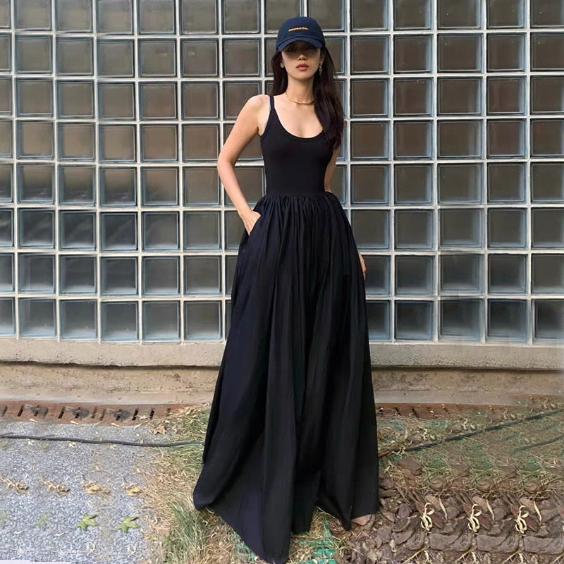 Style High Waist Sleeveless Midi Dress Women Summer Slim A Line Camis Dress Gothic Black Pleated Party Night Dress