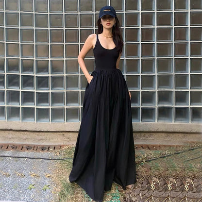 Style High Waist Sleeveless Midi Dress Women Summer Slim A Line Camis Dress Gothic Black Pleated Party Night Dress