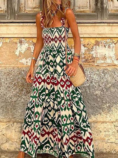 Women's Fashion Retro Loose Print Sling Dress Summer Bohemia Style Beach Seaside Maxi Dress Elegant Chic New Pattern Long Dress