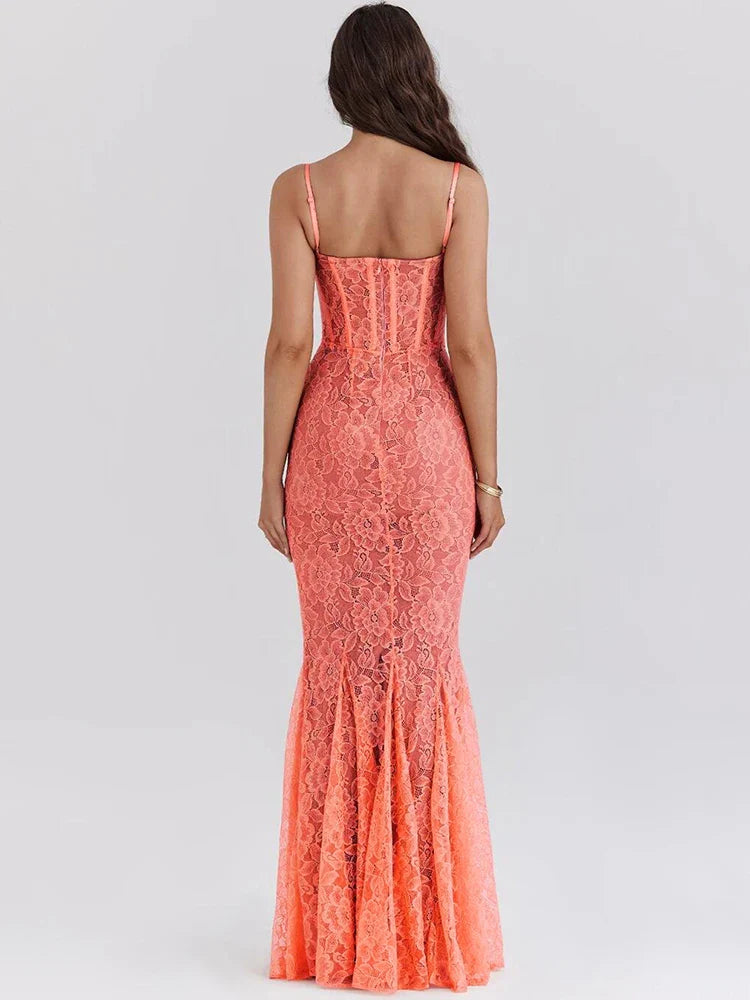 Floral Lace Sexy Maxi Dress For Women Orange Spaghetti Strap Sleeveless Backless Bodycon Club Party Long Dress Elegant