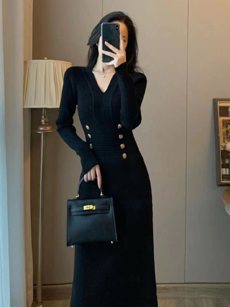 Women Winter Sheath Elegant Midi Knitted Dress Sexy V-neck Long Sleeve Wool Blend Warm Design Knitting Clothing Winter