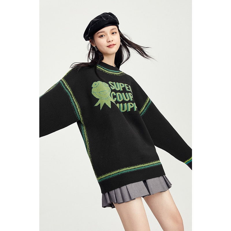 Women's Clothing Sweater Round Neck Letter Frog Printing Long Sleeves Casual Vintage Fashion Baggy Ladies Knitted Tops Summer