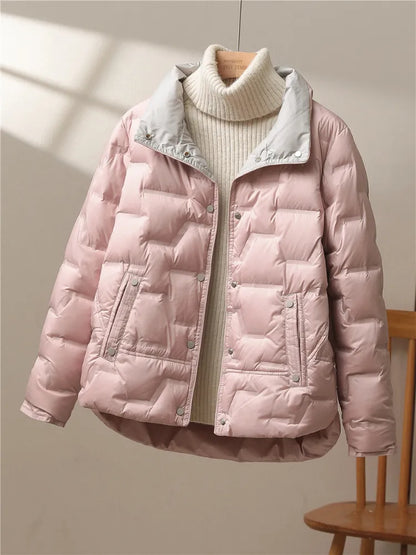 Autumn Winter Women White Duck Down Coat Casual Lapel Single Breasted Jacket Fashion Light Puffer Parka Outwear