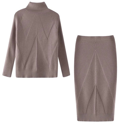 Autumn Women's Knitting Costume Turtleneck Solid Color Pullover Sweater + Slim Skirt Two-Piece Set