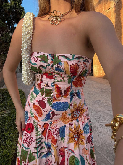 YESMYTOOL  -  Women Elegant Strapless Printed Maxi Dress Fashion Backless Sleeveless Pleated A-line Dresses 2024 Summer Lady Chic Street Robes