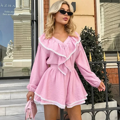 dingdamall  -  Lace Ruffled Tops Shorts Fashion Set Ladies Pajamas Home Clothes Fashion Long Sleeve Top Cotton Casual Matching Sets Fall