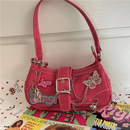 Y2K Sweet Cool Girls Underarm Bag Fashion Women's Pink Shoulder Crossbody Bags Retro Chain Female Clutch Tote Purse Handbags