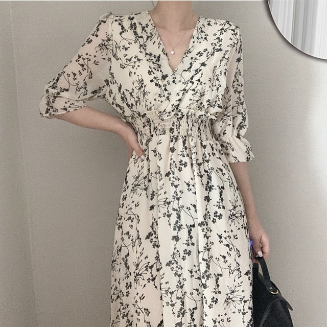 Vintage Korea Fashion Clothing Summer Slim Elastic Waist A Line V Neck Elegant Office Lady Floral Chic Chiffon Long Dress Retro