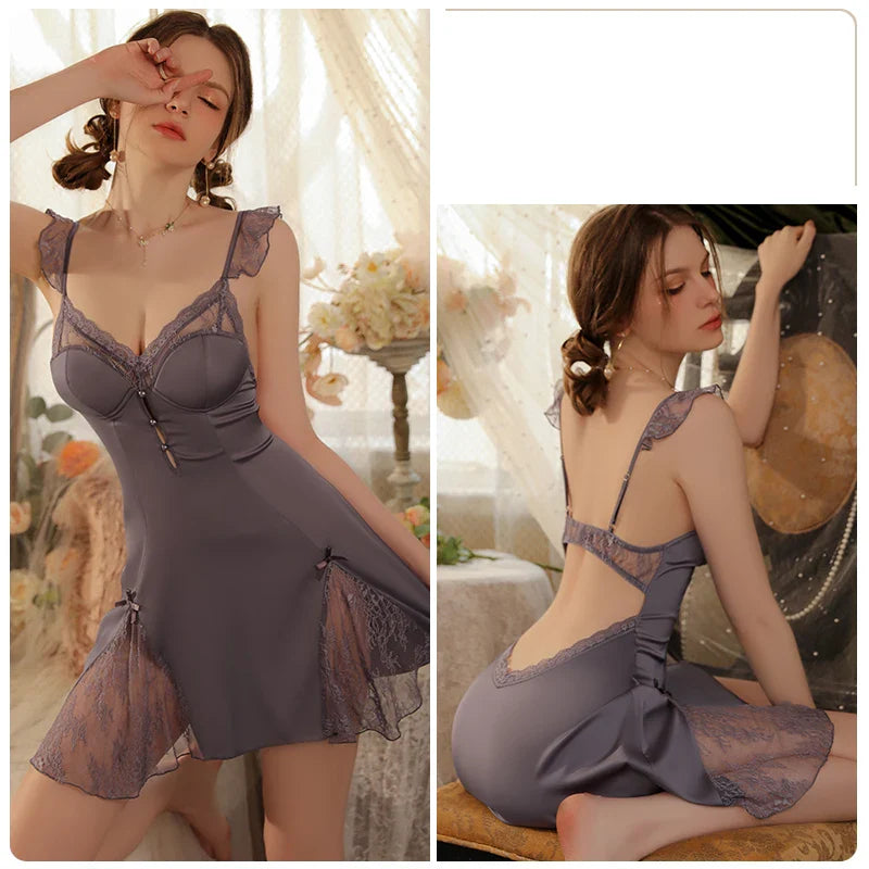 YESMYTOOL  -  New Lace Ice Silk Sing Nightgown with Chest Pad Sexy Lingerie Nightdress Erotic Dress Women Sleepwear Pajamas Bathrobe