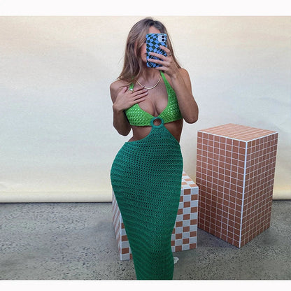 YESMYTOOL  -  Summer new style French slim halter neck strapless knitted long skirt European and American beach sexy dress for women