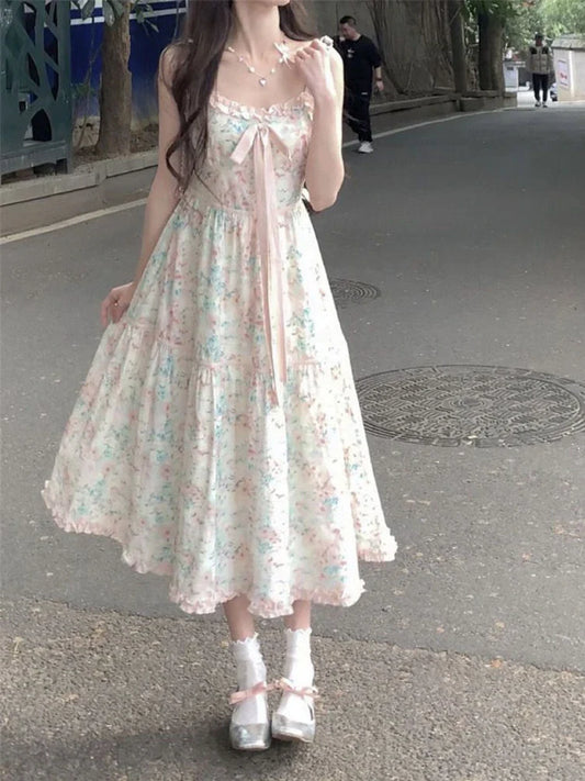 Summer New Japanese Kawaii Y2k Midi Dress Women Casual Sweet Bow Splicing Flower Print Dress Korean Fashion Evening Party