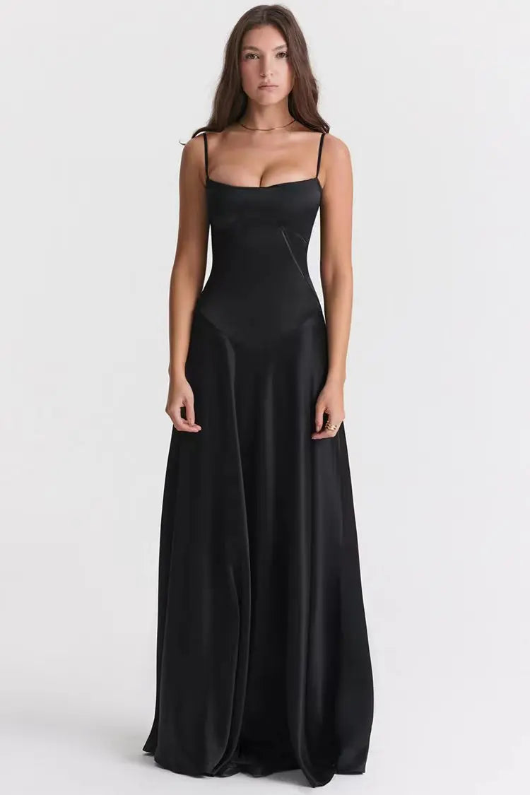 Lace-up Satin Maxi Slipdress Women Black Spaghetti Strap Sleeveless Backless Maxi Dress Femme Club Party Evening Dress