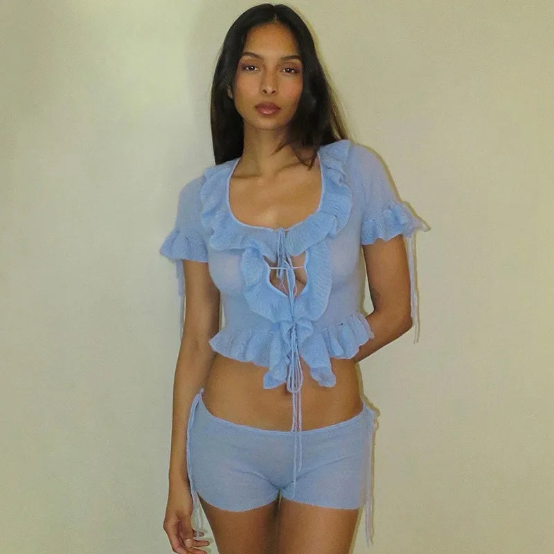 dingdamall  -  Soild Knitted Two Piece Set Women 2024 Summer Ruffles Lace Up  Square Neck Short Sleeve Shirts Crop Top Shorts Streetwear