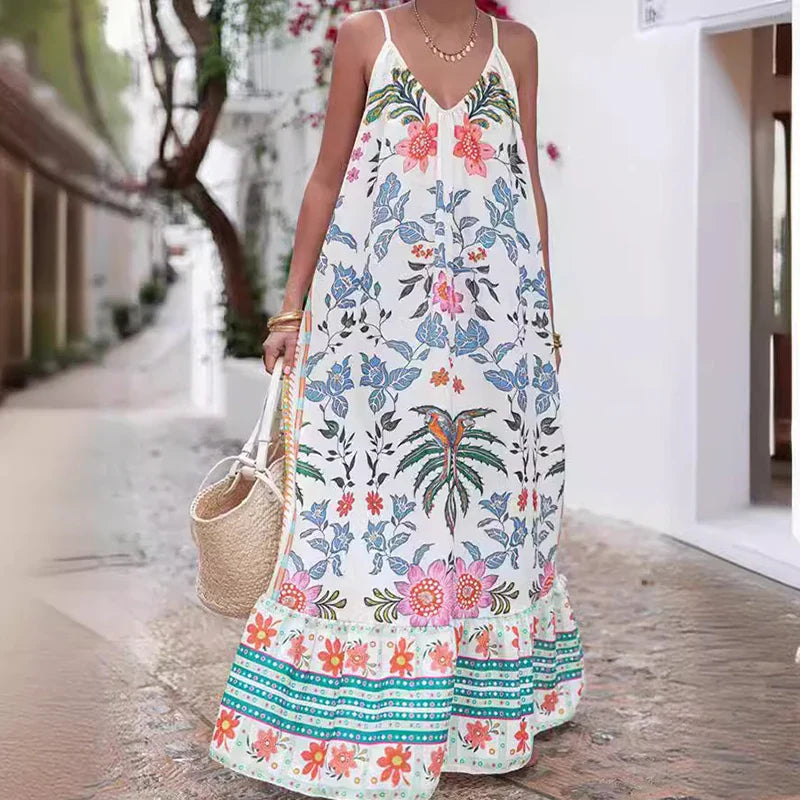 YESMYTOOL  -  2024 Summer Boho Vacation Loose Women Dress Sexy V-Neck Floral Print Beach Dress Casual Sleeveless Spaghetti Strap Long Dresses