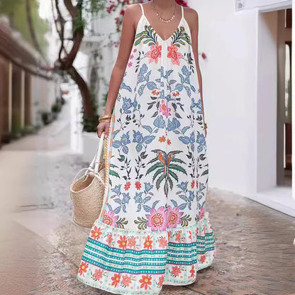 YESMYTOOL  -  2024 Summer Boho Vacation Loose Women Dress Sexy V-Neck Floral Print Beach Dress Casual Sleeveless Spaghetti Strap Long Dresses