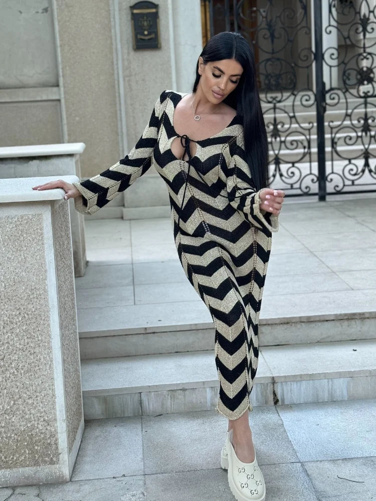 Knitted Striped Color Blocked Lace Up Women's Dress Elegant V-neck Slim Fit Long Sleeve Robes Summer New Female Beach Vestidos