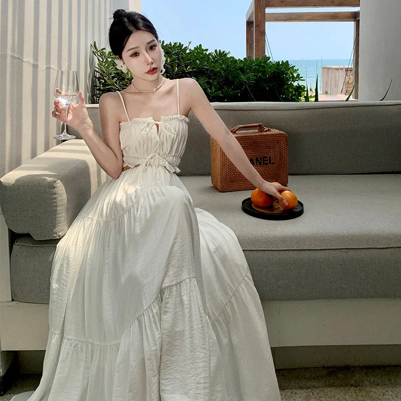 Women Beach Holiday White Dress Summer Backless Hollow Out Lace Up Bandage Long Dresses Female Club Party Fairy Maxi Dress