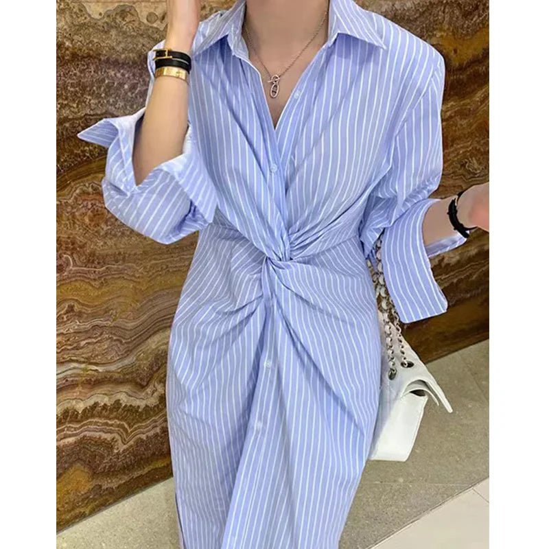 YESMYTOOL  -  Women Contrast Stripe Button Cross Shirt Dress Single Breasted Elegant Female Fashion Long Sleeve Dresses 2024 Spring New