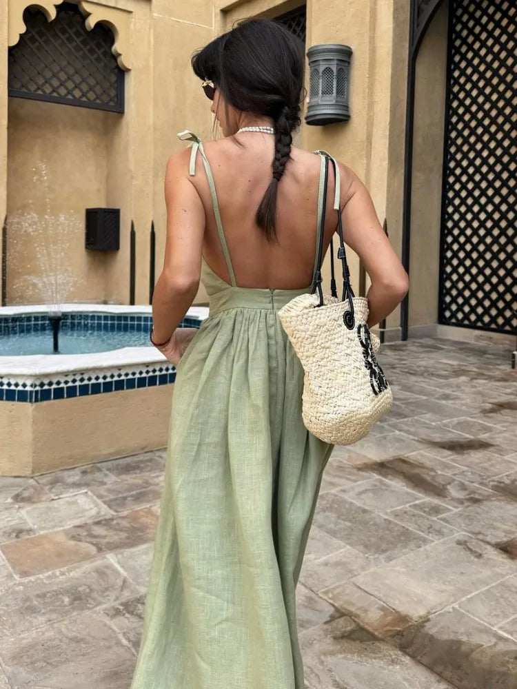 Lace-Up Backless Elegant Long Dress Female High Waist Solid Fashion Halter Dresses Holiday Beach Slim Bandage Maxi Dress