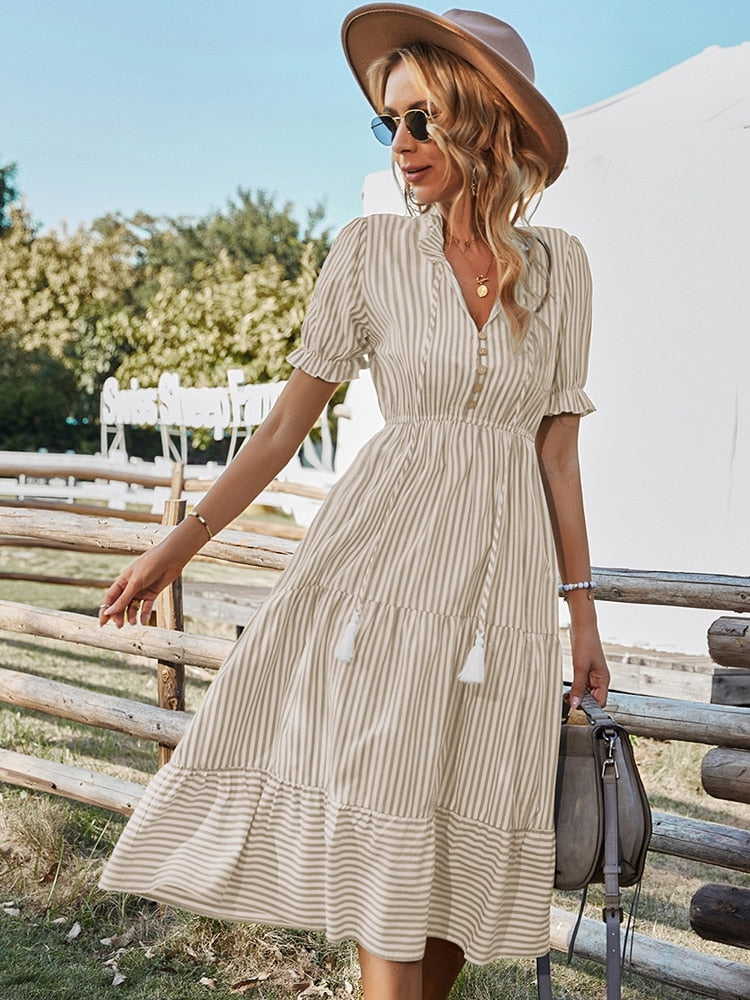 Spring Women's  Striped Dress Causal Short Sleeve Tassel Medium Long Summer V Neck Button Dresses For Female