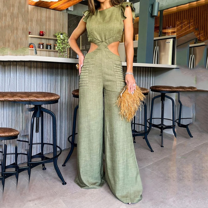 Women Jumpsuit Fashion Solid Round Neck Ruffled Short Sleeve Hollow Out Open Waist Wide Legs Loose Long Pants Jumpsuit