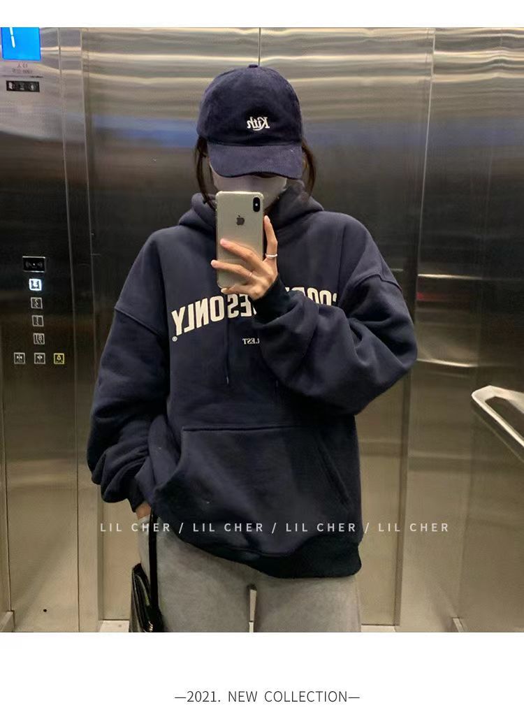 Womens Clothing Grey Vintage Street Sweatshirt Hoodie Letter Printing Long Sleeves Casual Warm Oversize Baggy Ladies Tops Autumn