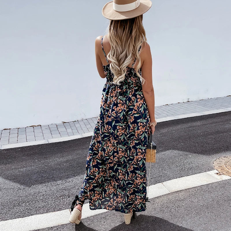 YESMYTOOL  -  Sexy V Neck Sleeveless Summer Beach Dress Casual Pattern Printed High Waist Long Dress New Bohemian Spaghetti Strap Women Dress