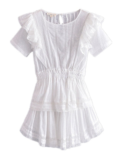 Summer Hollow Out Hole Spiced Lace Ruffles Hem Short Sleeve Swing Dress White Women Slim Elastic Waist Mini Cake Dresses