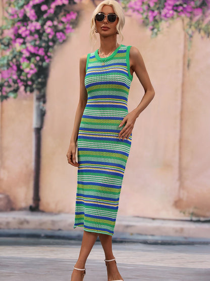 Spring/Summer Beach Sweater Dress O-Neck Sleeveless Striped Hollow Out Slim Fit Long Dress Acrylic Knit Beach Outing Cover-ups