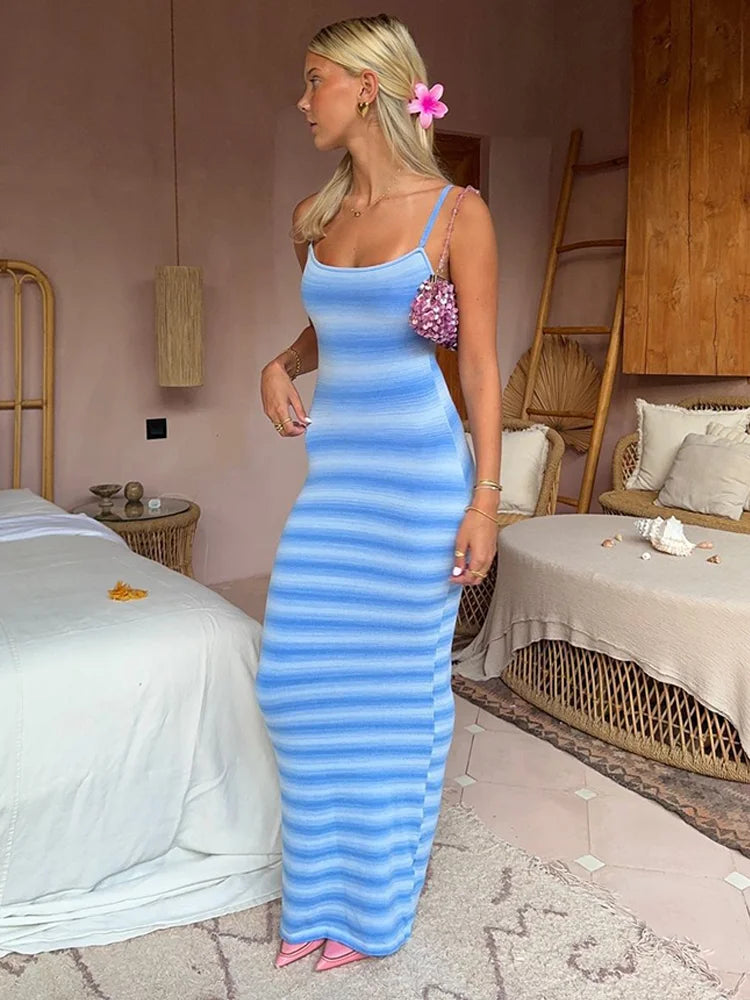 YESMYTOOL  - Bright Stripe Gradient Long Dresses Women Suspender Summer Hawaii Beach Maxi Dress Clothing For Female Casual Partywear