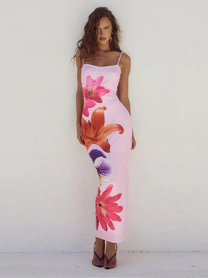 YESMYTOOL  -  Elegant Flower Printed Women Sling Maxi Dress Fashion Square Neck Sleeveless Backless Bodycon Dresses Summer Lady Beach Robes