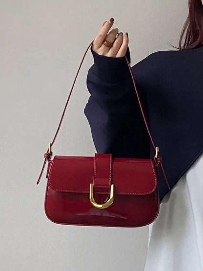 Vintage Red Handbag Women Autumn High Street Elegance Pu Leather Shoulder Bag Purse Female Retro Solid Underarm Bags