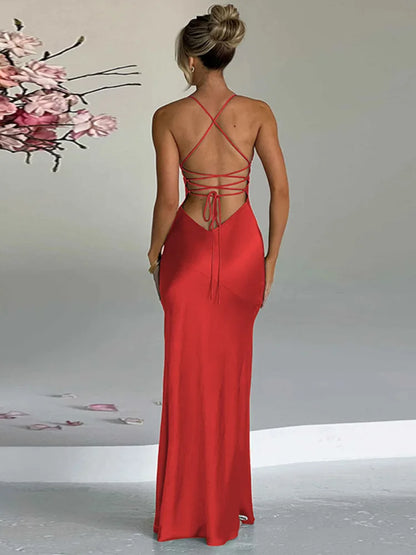 Elegant Spaghetti Strap Backless Sexy Maxi Dress For Women Fashion Sleeveless Thigh High Split Club Party Long Dress