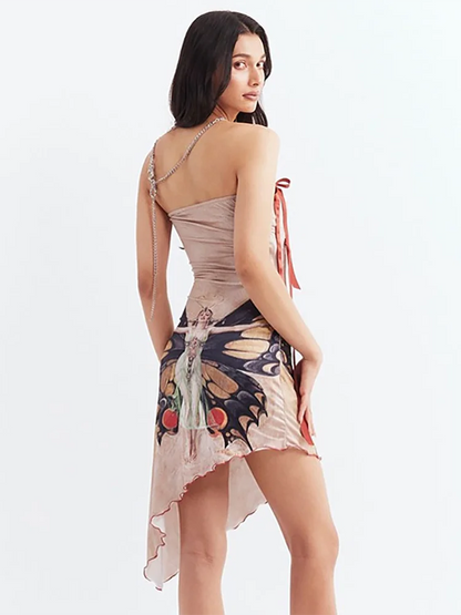 YESMYTOOL  -  Butterfly Printed Irregular Tube Mini Dress Women's Off Shoulder Strapless Lacing Open Back Slim Wrap Hip Short Dress