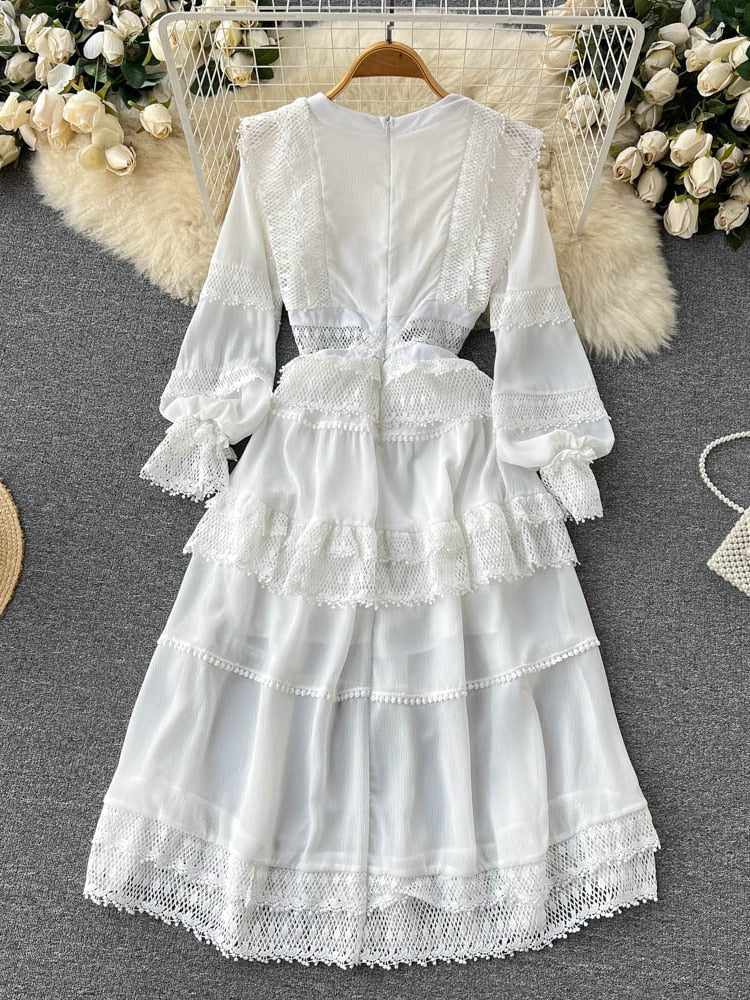 Summer Lace Hollow Out White Dress Women Elegant V-neck Beach Holiday Style Dress Lady Sexy Backless Long Dress