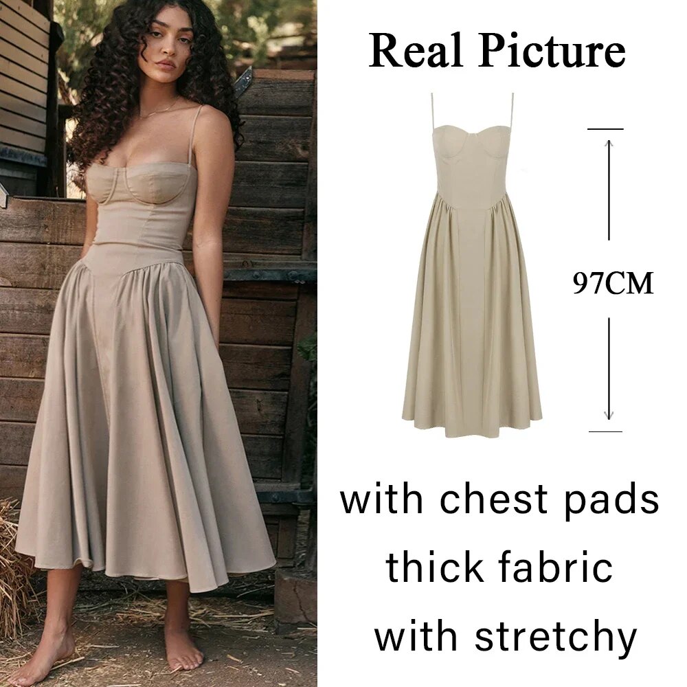 Summer Elegant Midi A Line Dress Lovely V Neck Spagehetti Strap Holiday Party Dress Casual Women New Arrivals