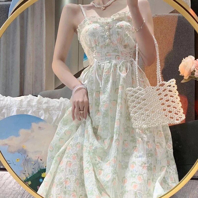 Spring Summer Elegant Y2k Midi Dress Women Casual Lace One Piece Dress Korean Sweet Vintage Floral Dress Party 2 Piece Set