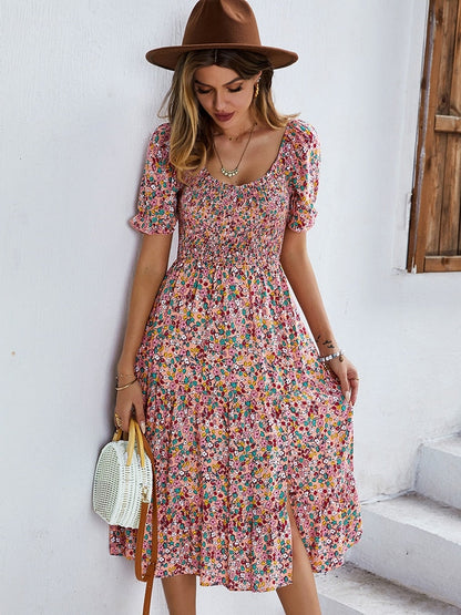 Spring Summer Long Print Dress Women Bohemian Short Sleeve High Waist Flroal Dresses For Ladies Leisure