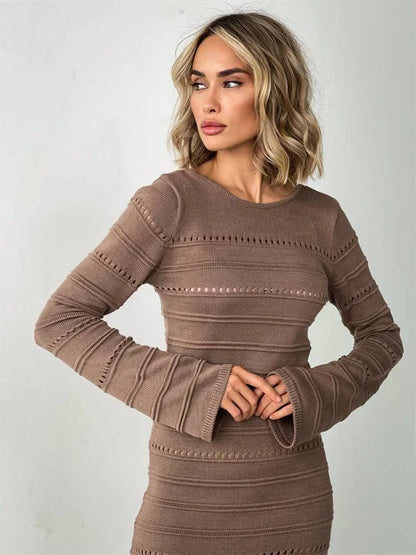 Hollow Out Bodycon Knit Dress Female Patchwork Solid High Waist Long Sleeve Fashion Knitwear Party Dress Gown Streetwear