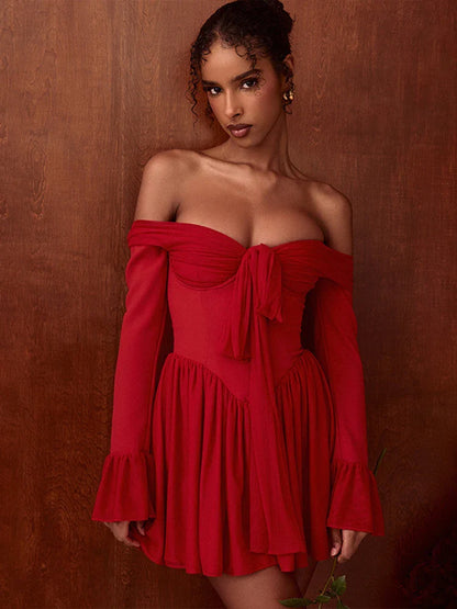 Elegant Strapless Backless Sexy Mini Dress For Women Red Off-shoulder Long Flare Sleeve Pleated Club Party Dress