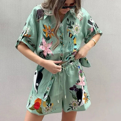 dingdamall  -  2024 Summer Pattern Print Loose Two Piece Sets Casual Vacation Single Breasted Shirt Outfit Women's Fashion Lace Up Shorts Suit