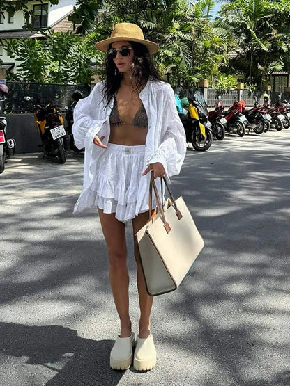 Women's Spring Hollow Out Skirt Suit Chic Long Sleeve Single Breasted Shirts Tiered Mini Skirts Set Female Summer New Beachwear