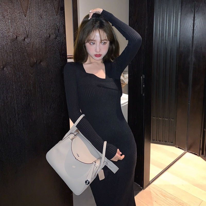 Vintage Knitted Dresses for Women Long Sleeve Sweater Elegant Party Female Office Lady Slim One-Piece Dress Korean Autumn