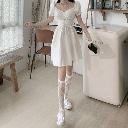 Sweet White Puff Sleeve Dress Women Mori Vintage Wrap Bodycon Short Dresses Preppy Style School Robes Female