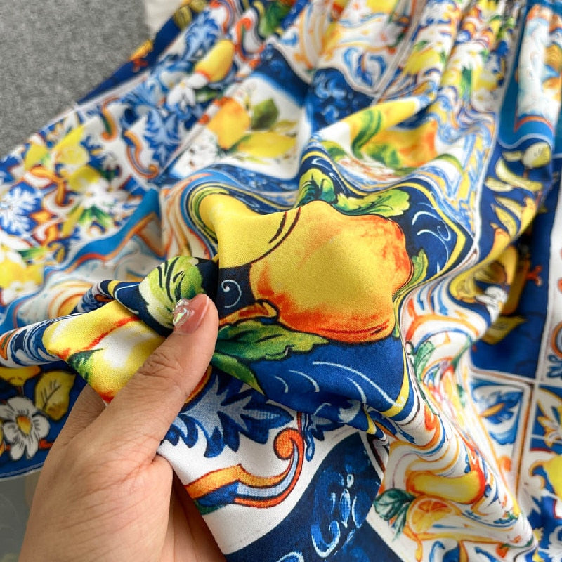 Summer dress women Fashion Runway Long Dresses Vacation Elegant sexy Strap Lemon print runway women dress