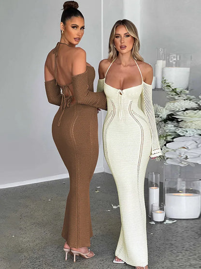 Hollow Out Backless Knitted Sexy Maxi Dress For Women Autumn New Off-shoulder Strapless Bodycon Long Dress Elegant