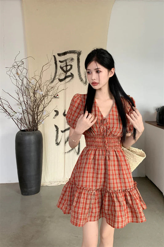 Summer New Beautiful Orange Red Plaid V-neck Pastoral Style Girlish Sweet Dress Woman