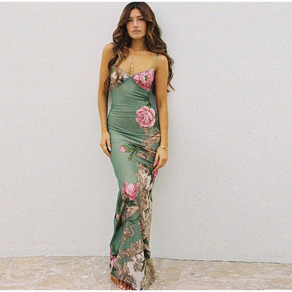 Sleeveless Floral Print Suspender Dress Women Fashion V-neck Slim Maxi Dresses Summer Chic Female Beach Party Club Robe