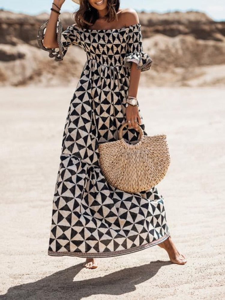 Summer Off The Shoulder Boho Long Dress Spring Elegant Geometric Print Party Dress Sexy Slash Neck Flare Sleeve Maxi Women Dress