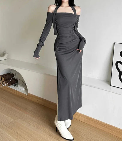 Autumn Evening Party Intellectual Elegant Dignified Mature Sexy Feminine Pure Color Simple Women'S  Long Neck Dress